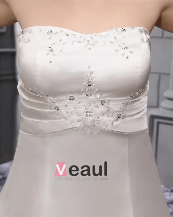 Elegant Strapless Floor Length Satin Embrpoidery Court Plus Size Bridal Wedding Dresses