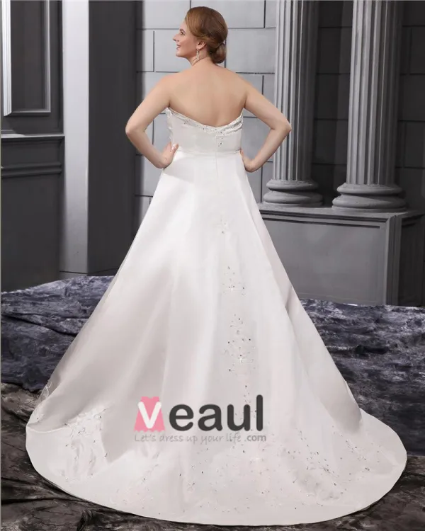 Elegant Strapless Floor Length Satin Embrpoidery Court Plus Size Bridal Wedding Dresses