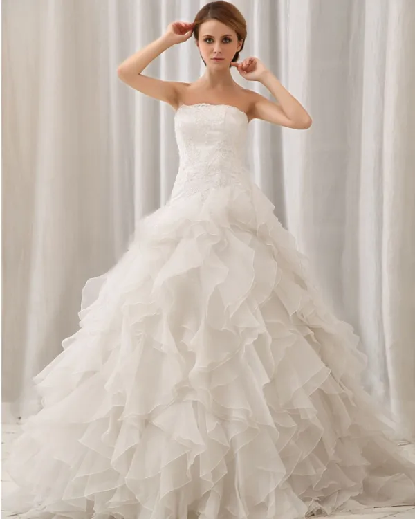 Elegant Solid Layered Strapless Back Zipper Court Train Organza Lace Ball Gown Wedding Dress