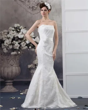 Fleur De Longueur De Plancher Bretelles Perles Dentelle Plissee Robe De Mariée Sirène