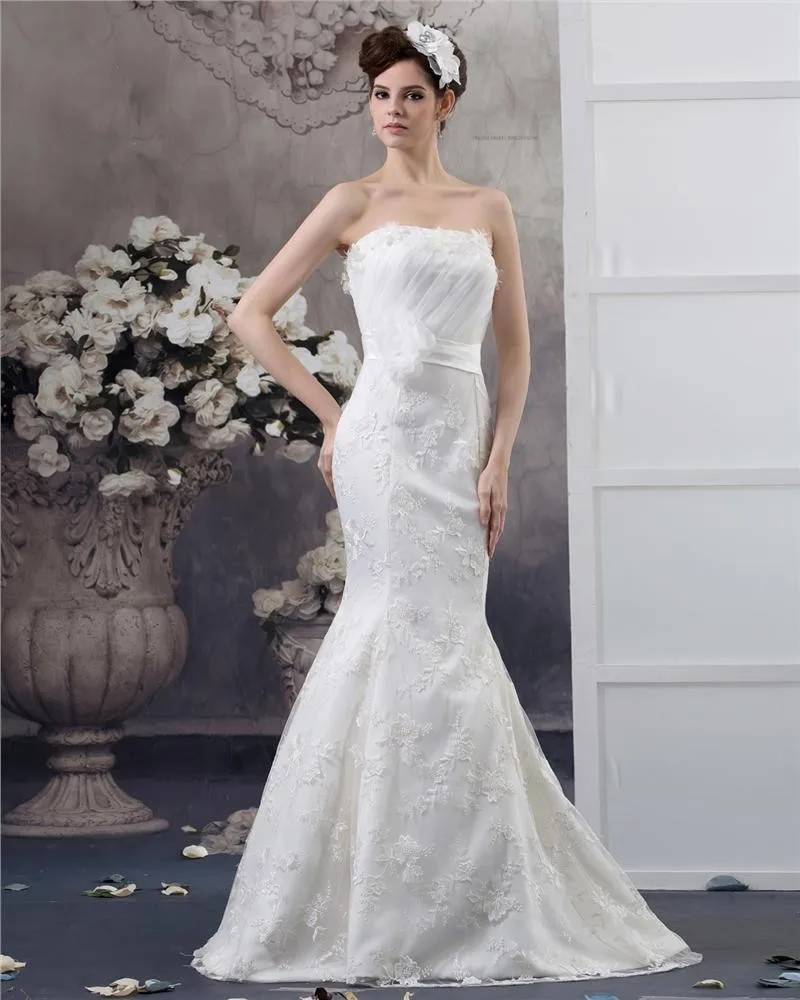 Stroppelos Gulv Lengde Blomst Beading Plissert Blonder Havfrue Brudekjoler Bryllupskjoler