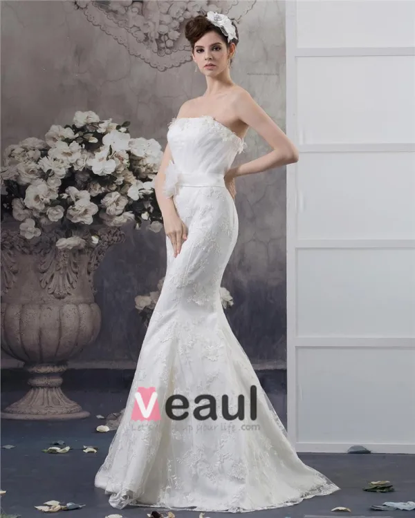 Fleur De Longueur De Plancher Bretelles Perles Dentelle Plissee Robe De Mariée Sirène
