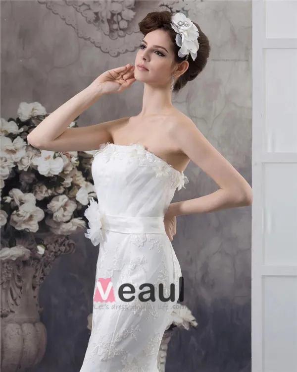 Fleur De Longueur De Plancher Bretelles Perles Dentelle Plissee Robe De Mariée Sirène