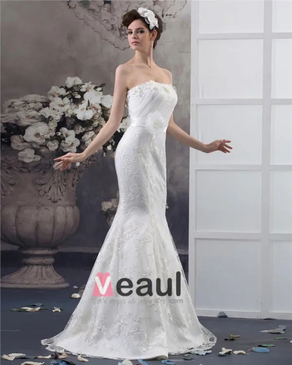 Fleur De Longueur De Plancher Bretelles Perles Dentelle Plissee Robe De Mariée Sirène