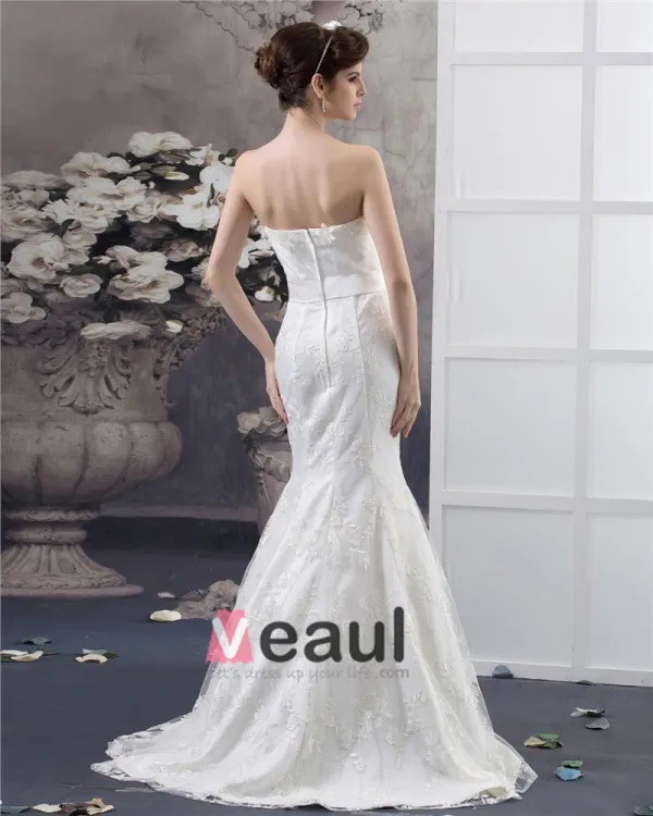 Fleur De Longueur De Plancher Bretelles Perles Dentelle Plissee Robe De Mariée Sirène