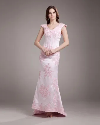 V Neck Applique Beading Floor Length Satin Sheath Wedding Dress