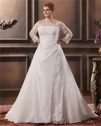 Beautiful Off The Shoulder Cathedral Train Taffeta Lace Plus Size Wedding Dresses