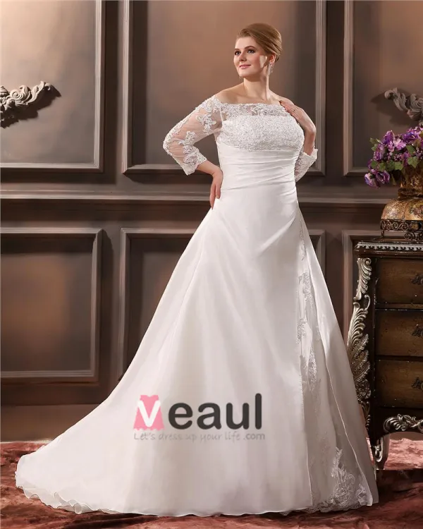 Mooie Off-the-shoulder Kathedraal Trein Taft Kant Grote Maten Bruidsjurken Trouwjurken