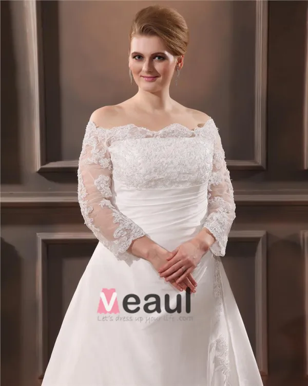 Mooie Off-the-shoulder Kathedraal Trein Taft Kant Grote Maten Bruidsjurken Trouwjurken
