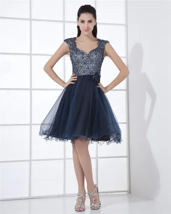 Sweetheart Tulle Ruffle Handmade Flower Knee Length Celebrity Cocktail Dresses