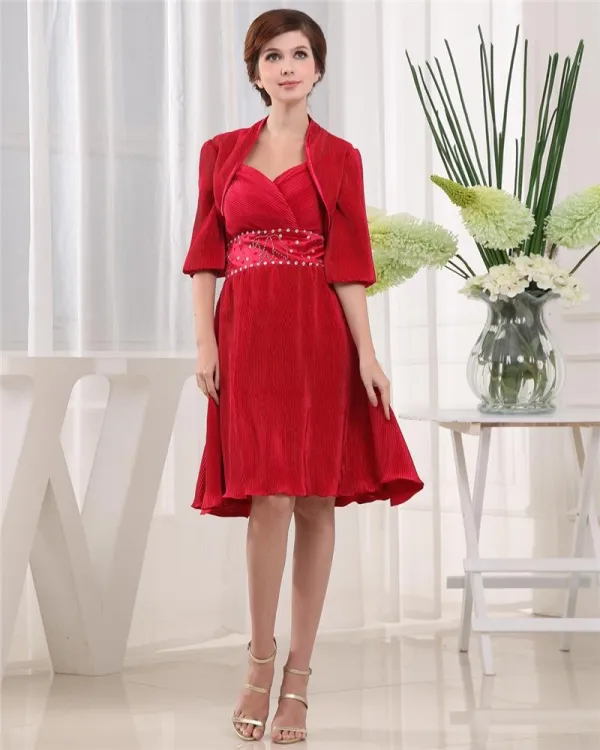 Sweetheart Short Sleeve Zipper Beading Two Piece Knee Length Charmeuse Mother of the Bride Dress
