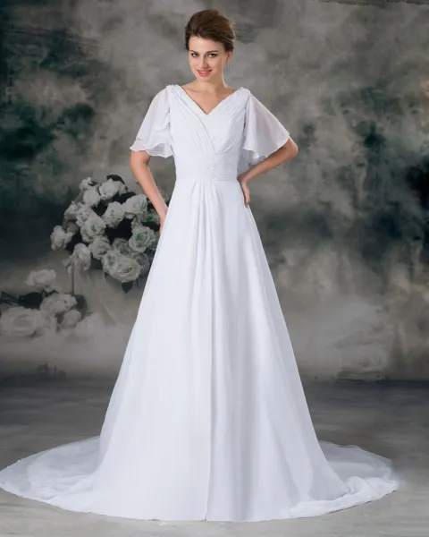 V Neck Short Sleeve Beading Pleated Floor Length Chiffon Empire Wedding Dress