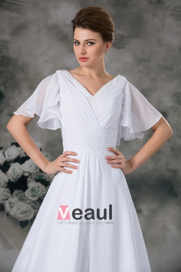 V Neck Short Sleeve Beading Pleated Floor Length Chiffon Empire Wedding Dress