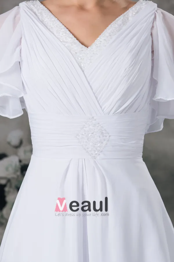 V Neck Short Sleeve Beading Pleated Floor Length Chiffon Empire Wedding Dress