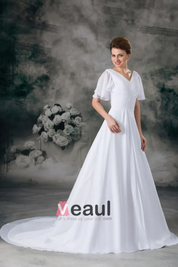 V Neck Short Sleeve Beading Pleated Floor Length Chiffon Empire Wedding Dress