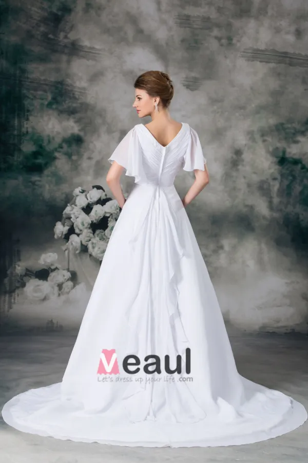 V Neck Short Sleeve Beading Pleated Floor Length Chiffon Empire Wedding  Dress