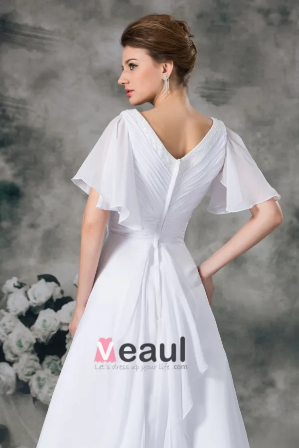 V Neck Short Sleeve Beading Pleated Floor Length Chiffon Empire Wedding Dress