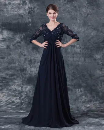 Pleated V Neck Chiffon Floor Length Mothers Of Bride Guests Dresses