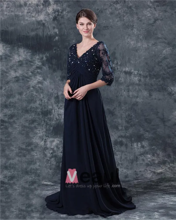 Pleated V Neck Chiffon Floor Length Mothers of Bride Guests Dresses