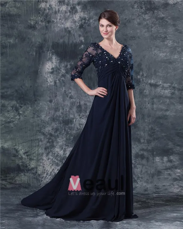 Pleated V Neck Chiffon Floor Length Mothers of Bride Guests Dresses