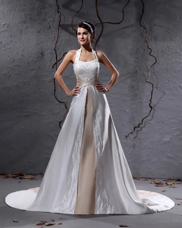 Charmeuse Embroidery Ruffle Halter Chapel A-Line Bridal Gown Wedding Dresses