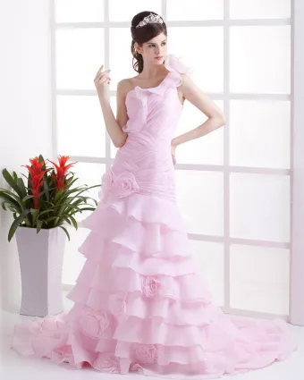Organza Ruffles Blomster En Skulder Katedralen Tog Havfrue Brudekjoler Bryllupskjoler