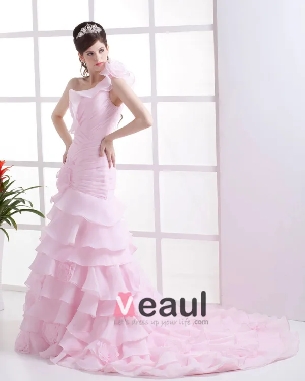 Organza Ruffles Flowers One Shoulder Cathedral Train Mermaid Wedding Dresses