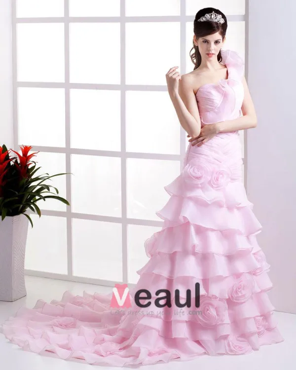 Organza Ruffles Flowers One Shoulder Cathedral Train Mermaid Wedding Dresses