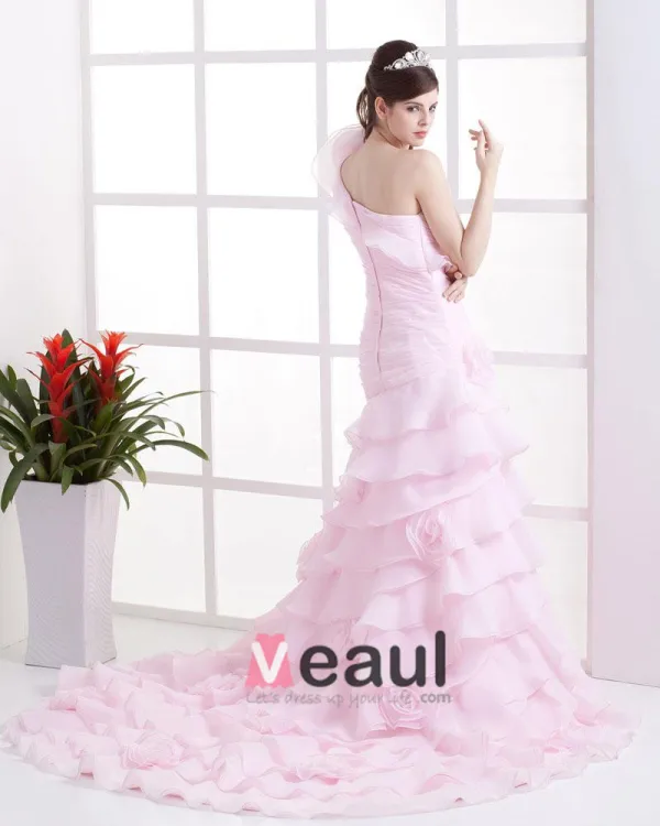 Organza Ruffles Flowers One Shoulder Cathedral Train Mermaid Wedding Dresses