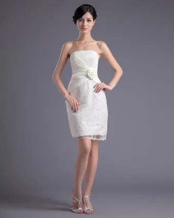 Fashion Satin Lace Pleated Flower Strapless Thigh Length Mini Wedding Dress