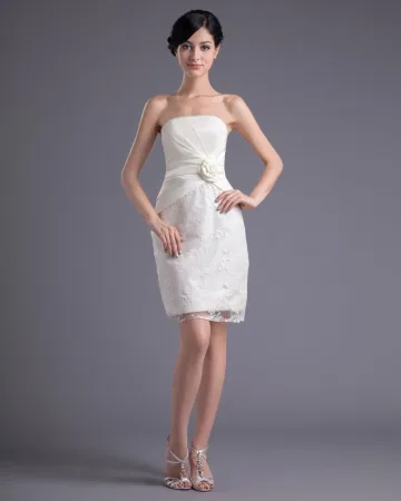 Moda Kwiat Satyna Koronki Plisowana Mini Długosc Bez Ramiaczek Udo Suknia Ślubna Krótkie Suknie Ślubne