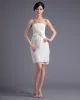 Fashion Satin Spitze Gefaltetes Blumenträgerlosen Oberschenkellänge Kurz Brautkleider Mini