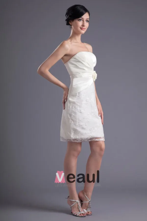 Fashion Satin Lace Pleated Flower Strapless Thigh Length Mini Wedding Dress