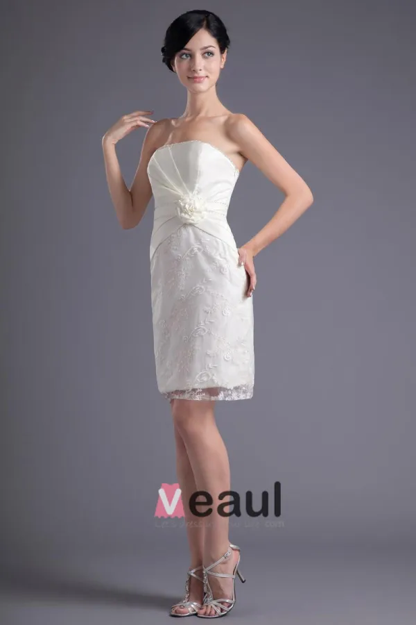 Fashion Satin Lace Pleated Flower Strapless Thigh Length Mini Wedding Dress