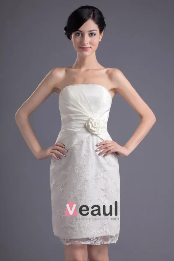 Fashion Satin Lace Pleated Flower Strapless Thigh Length Mini Wedding Dress