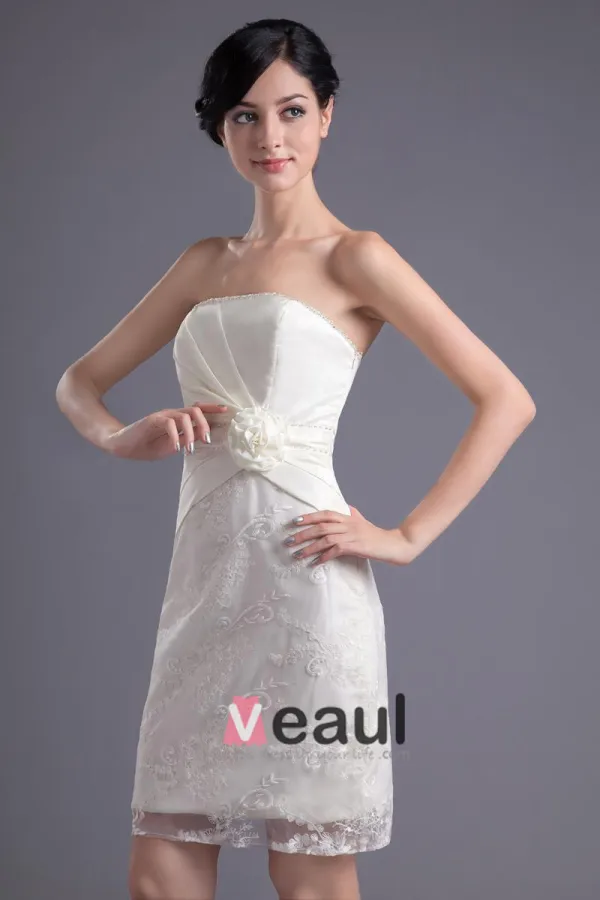 Fashion Satin Lace Pleated Flower Strapless Thigh Length Mini Wedding Dress