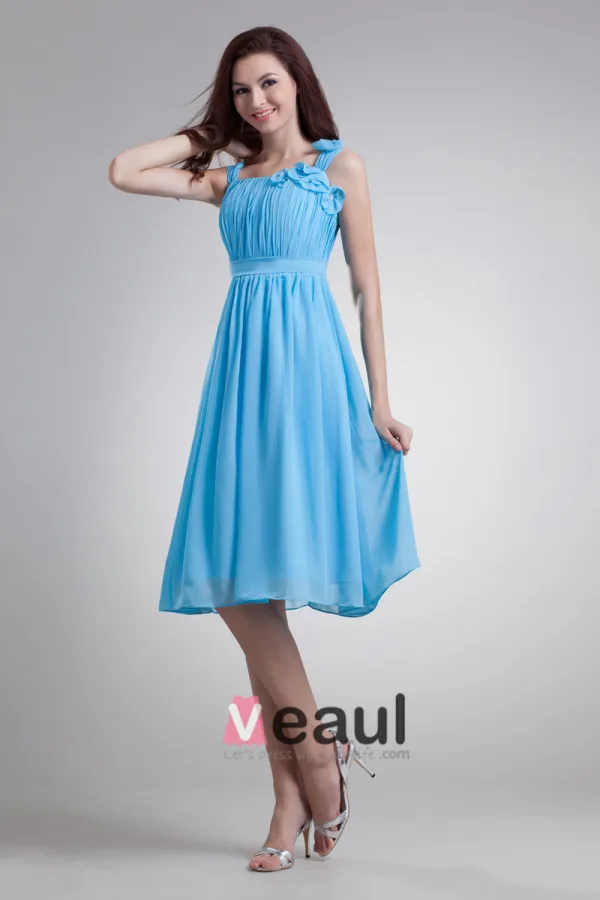 Chiffon Ruffle Flower Shoulder Straps Knee Length Bridesmaid Dress