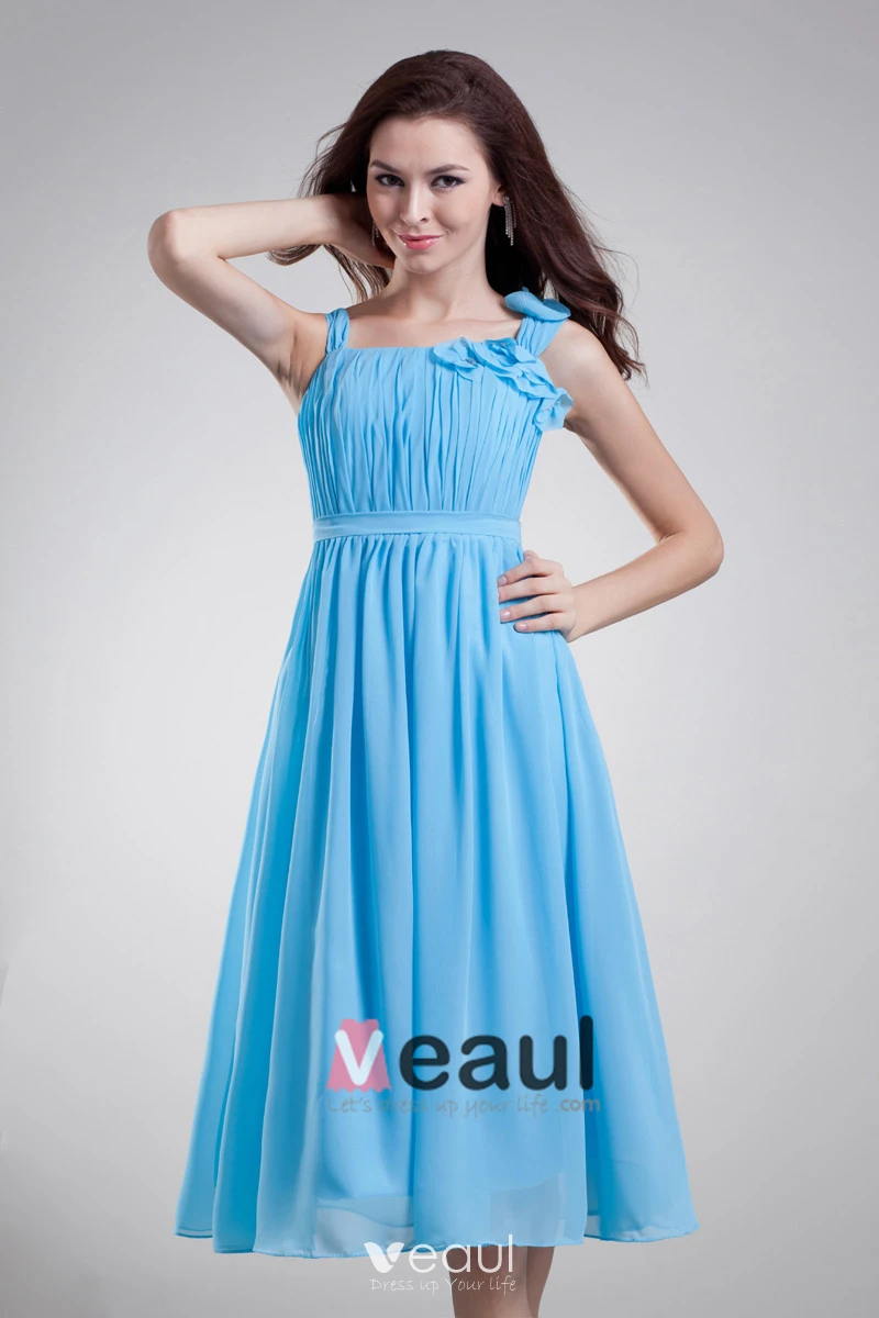 Chiffon Ruffle Flower Shoulder Straps Knee Length Bridesmaid Dress