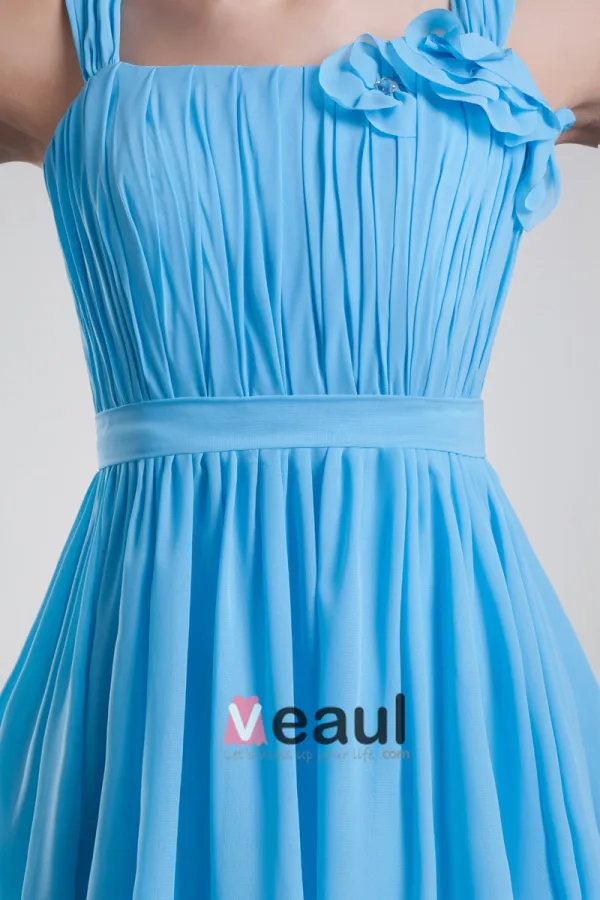 Chiffon Ruffle Flower Shoulder Straps Knee Length Bridesmaid Dress