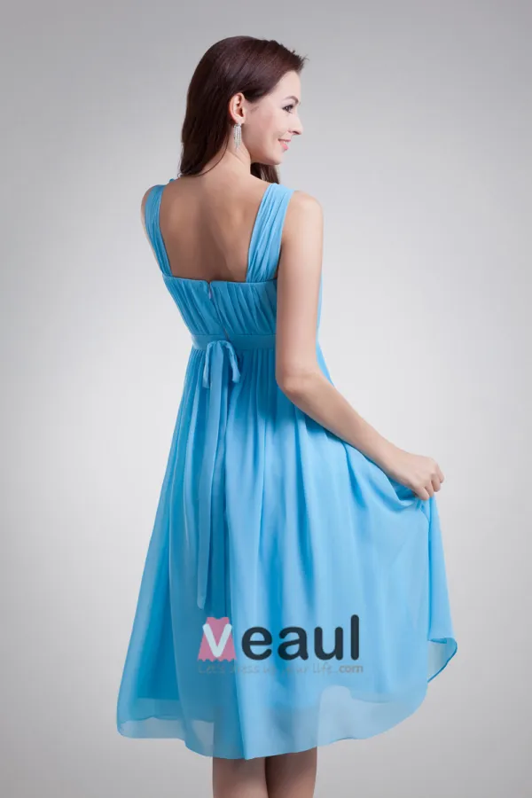 Chiffon Ruffle Flower Shoulder Straps Knee Length Bridesmaid Dress