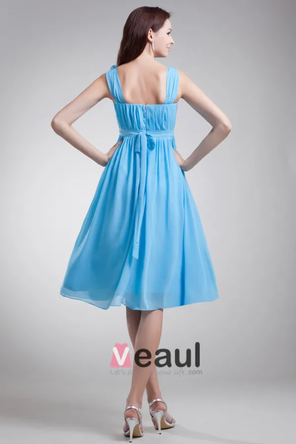 Chiffon Ruffle Flower Shoulder Straps Knee Length Bridesmaid Dress