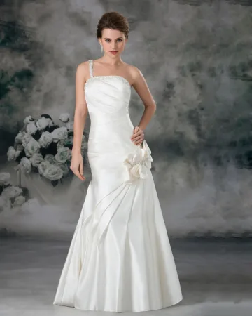 Satin Sequins Ruffle Flower One Shoulder Floor Length Sheath Wedding Dress
