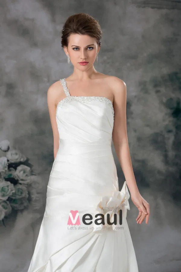 Sequins De Satin A Volants Fleur Une Epaule Etage Longueur Robe De Mariée Fourreau