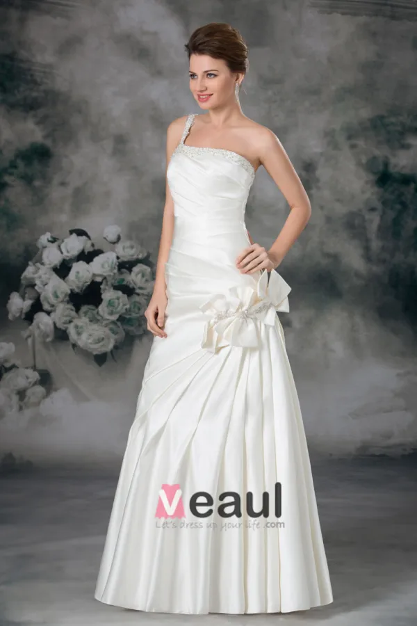 Sequins De Satin A Volants Fleur Une Epaule Etage Longueur Robe De Mariée Fourreau