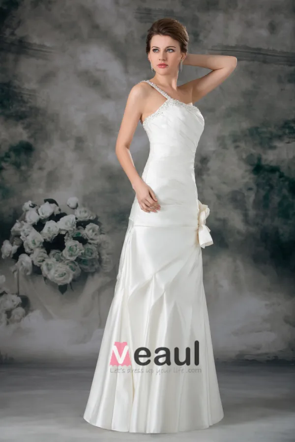 Sequins De Satin A Volants Fleur Une Epaule Etage Longueur Robe De Mariée Fourreau