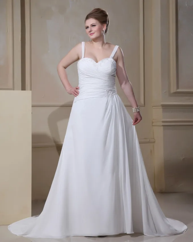 Elegante Spaghettistropper Ermelos Fotsid Satin Chiffon Plus Size Brudekjoler Bryllupskjoler