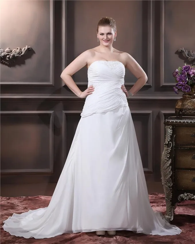 A Linje Stroppelos Feie Perle Chiffon Satin Plus Size Brudekjoler Bryllupskjoler