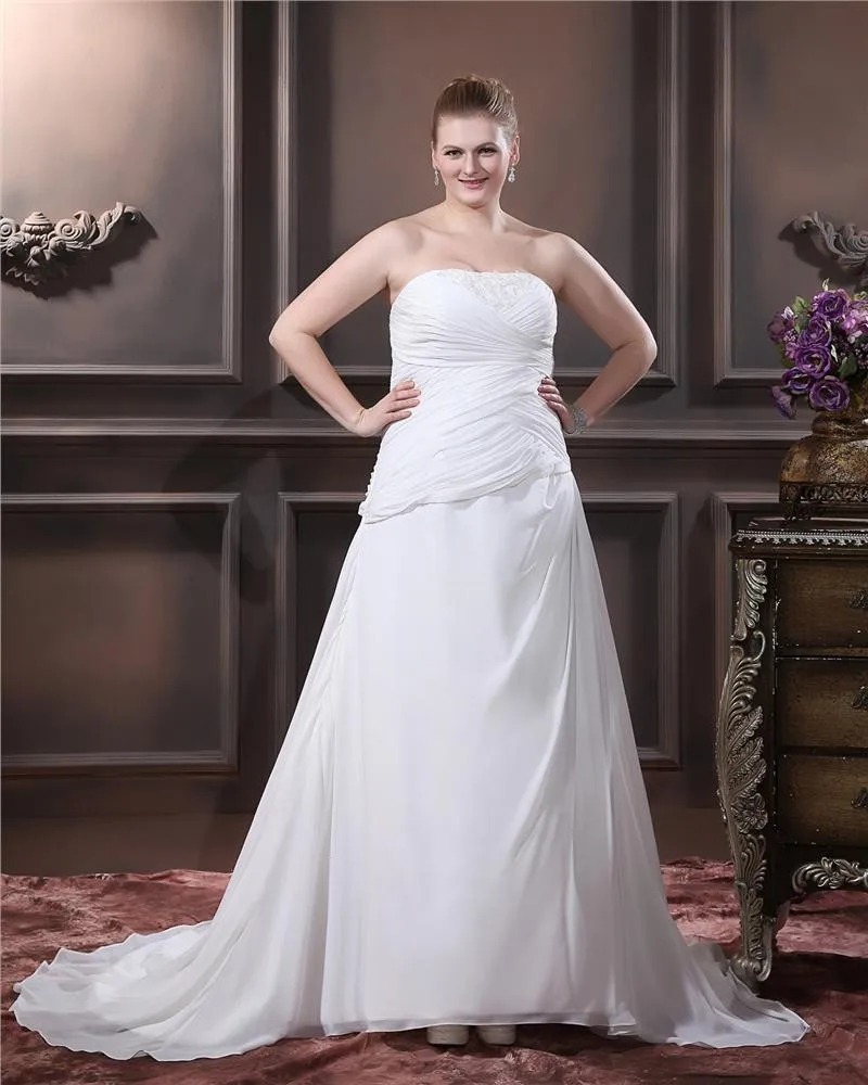 A Linje Stroppelos Feie Perle Chiffon Satin Plus Size Brudekjoler Bryllupskjoler