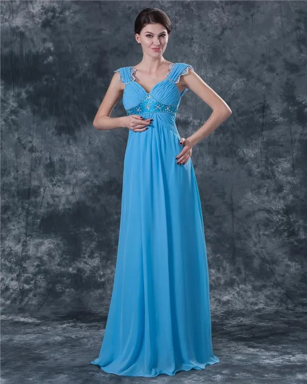 Klassiske Chiffon Ruffle Kjaereste Gulv Lengde Modre Av Bruden Gjester Kle