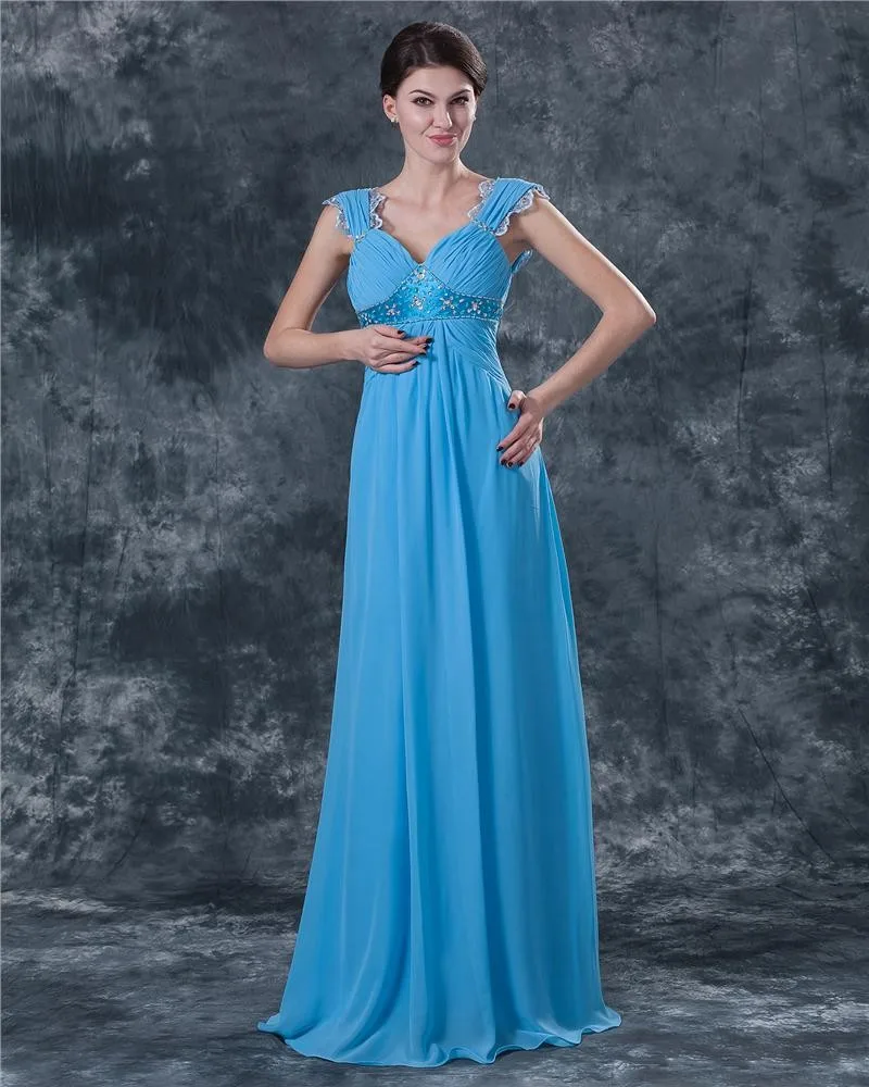 Klassiske Chiffon Ruffle Kjaereste Gulv Lengde Modre Av Bruden Gjester Kle